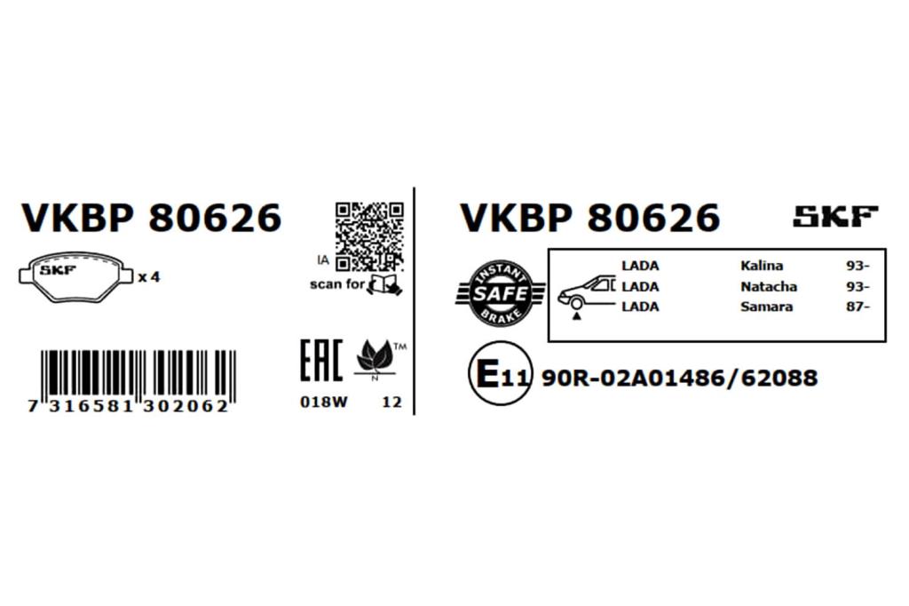 Jeu de 4 plaquettes de frein SKF VKBP 80626